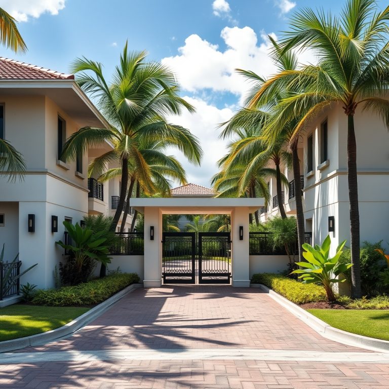 Entrada con caseta de control de una comunidad residencial cerrada rodeada de palmeras