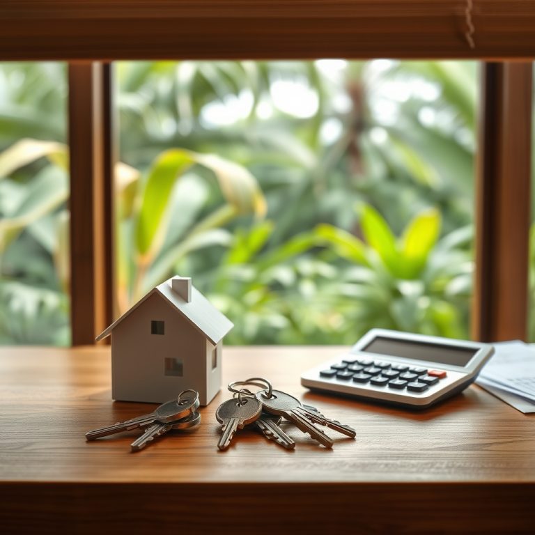 Llaves, una maqueta de casa y una calculadora sobre una mesa de madera junto a una ventana con vegetación tropical