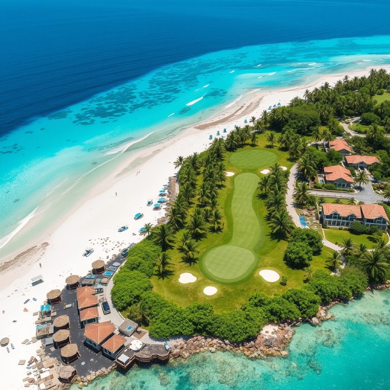 Vista aérea de un campo de golf tropical junto a una playa de arena blanca y mar turquesa