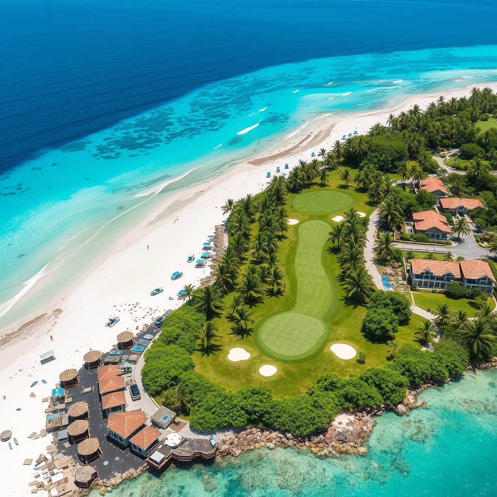 Aerial view of a tropical golf course next to a white-sand beach and turquoise sea