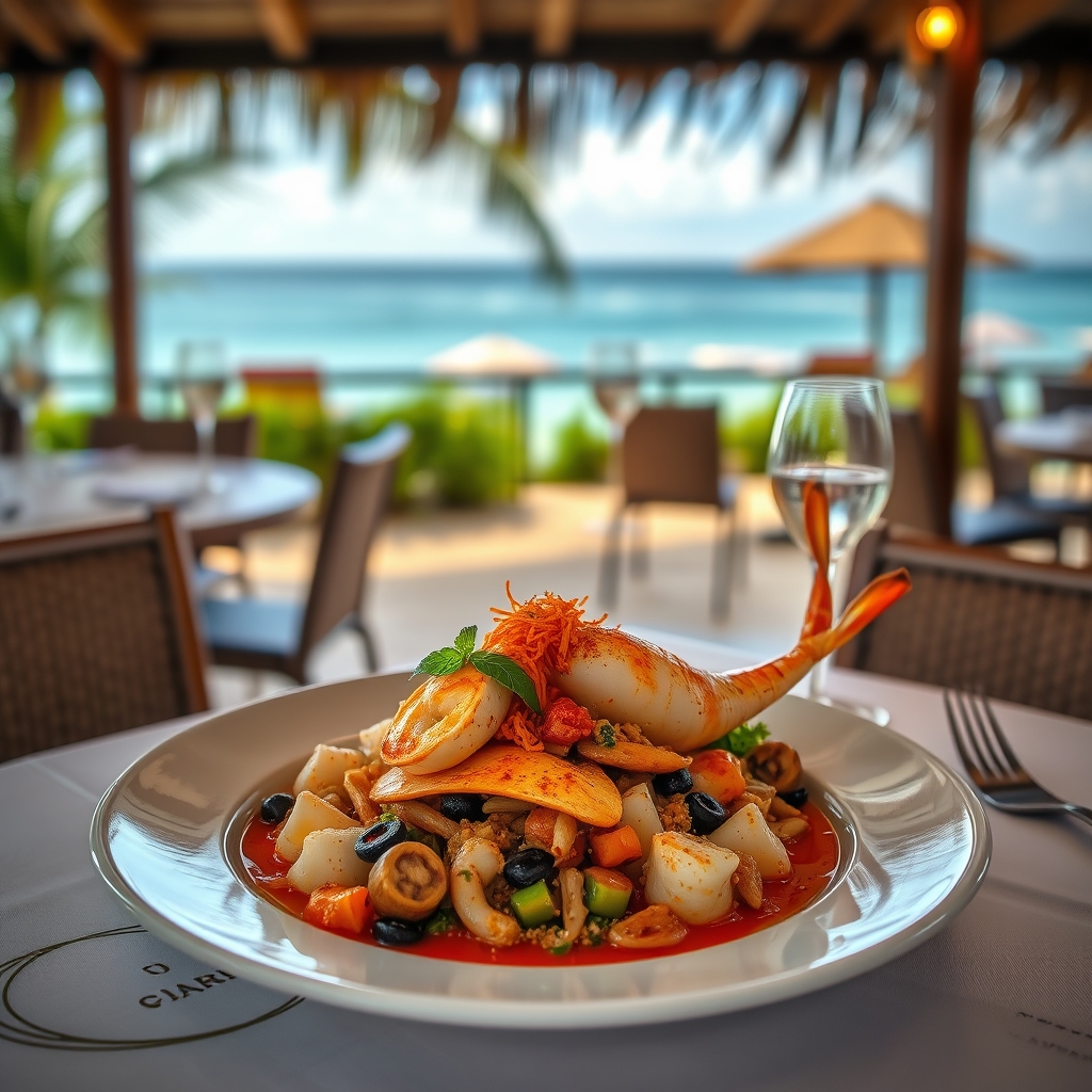 Caribbean fish dish served on a restaurant table by the sea