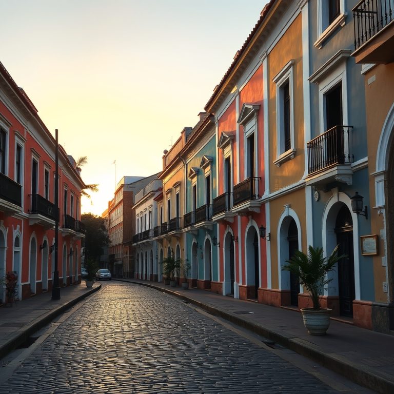 Calle empedrada de la Zona Colonial de Santo Domingo al atardecer, con fachadas coloniales de colores