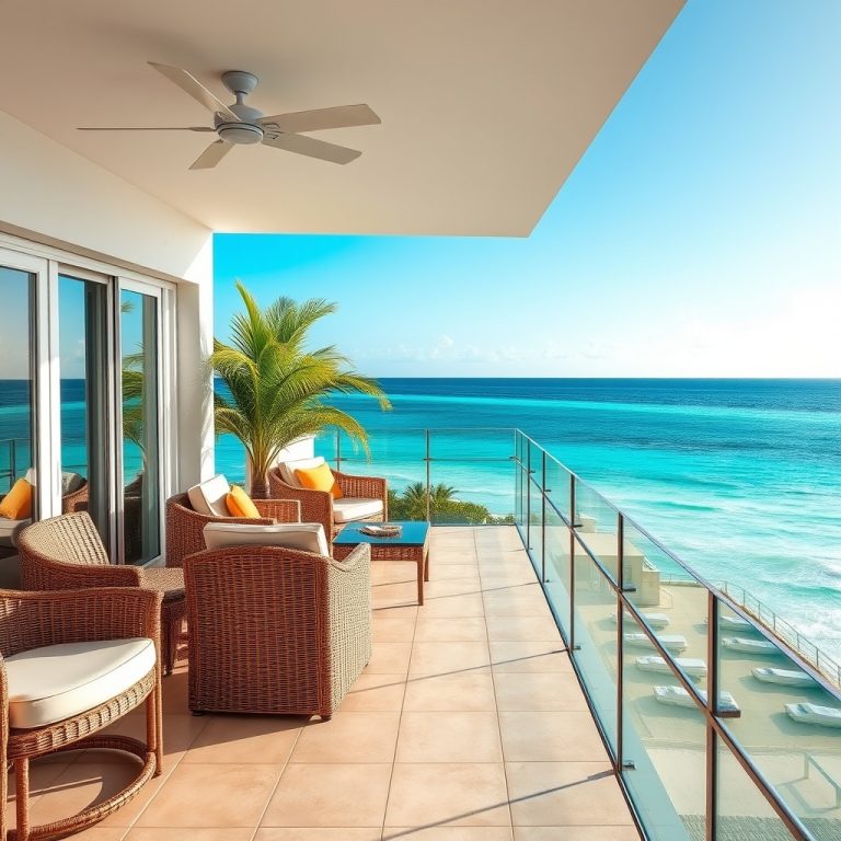 Terraza de un apartamento frente al mar en el Caribe, con mobiliario de ratán y vistas al agua turquesa