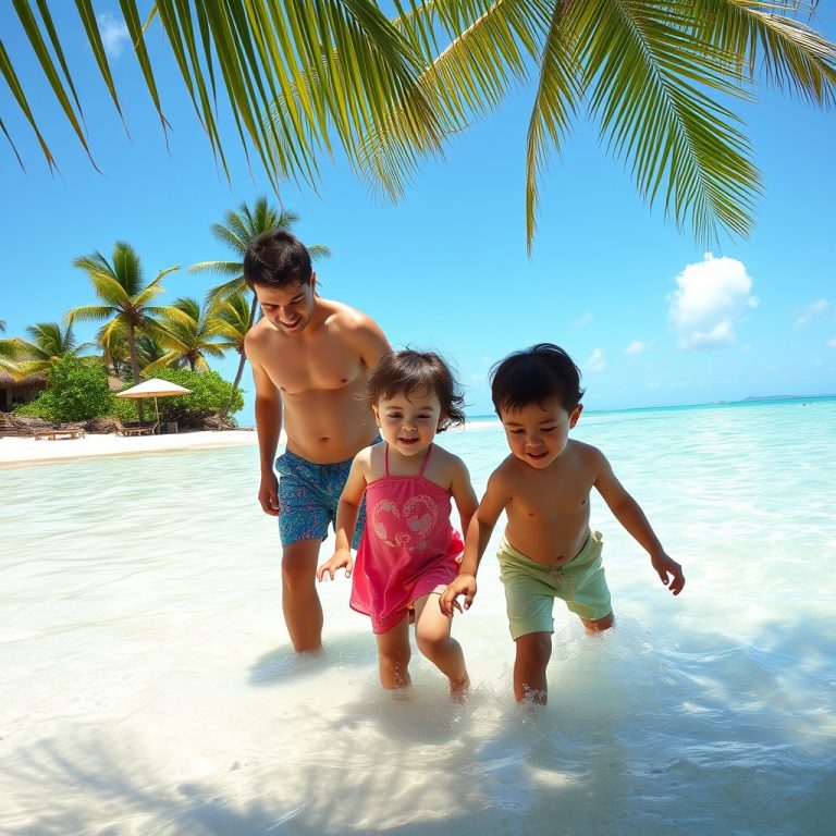 Familia con dos niños jugando en aguas poco profundas de una playa de Bávaro, Punta Cana