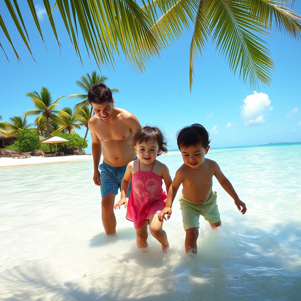 Familia con dos niños jugando en aguas poco profundas de una playa de Bávaro, Punta Cana