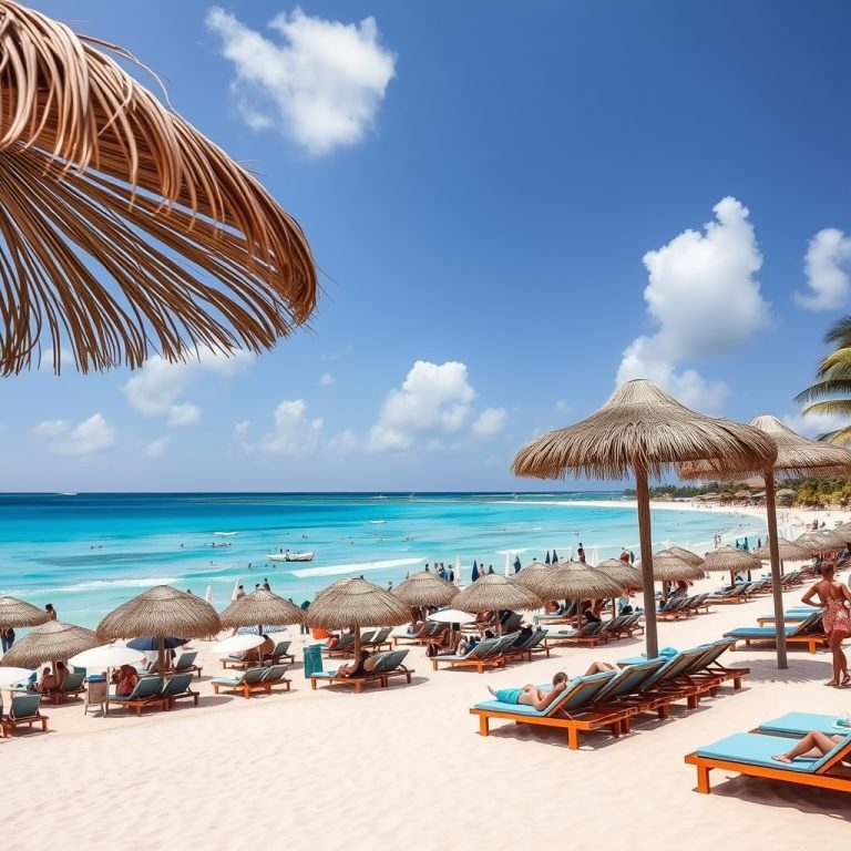 Playa de Bávaro con hamacas y sombrillas de paja frente a un mar turquesa, con bañistas