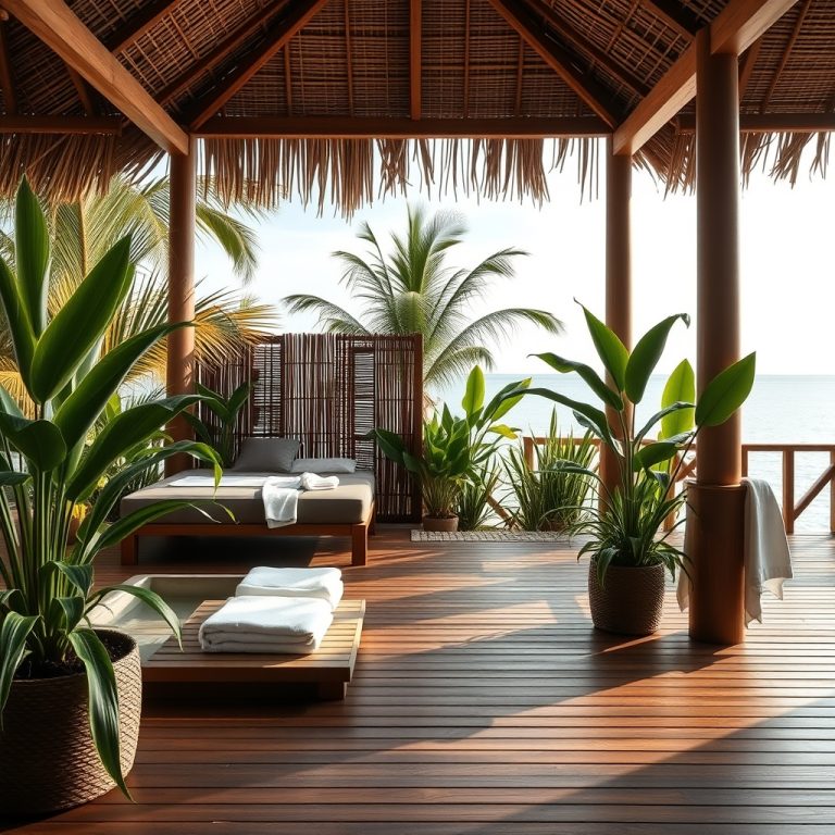 Zona de spa tropical con tarima de madera, plantas y luz natural suave