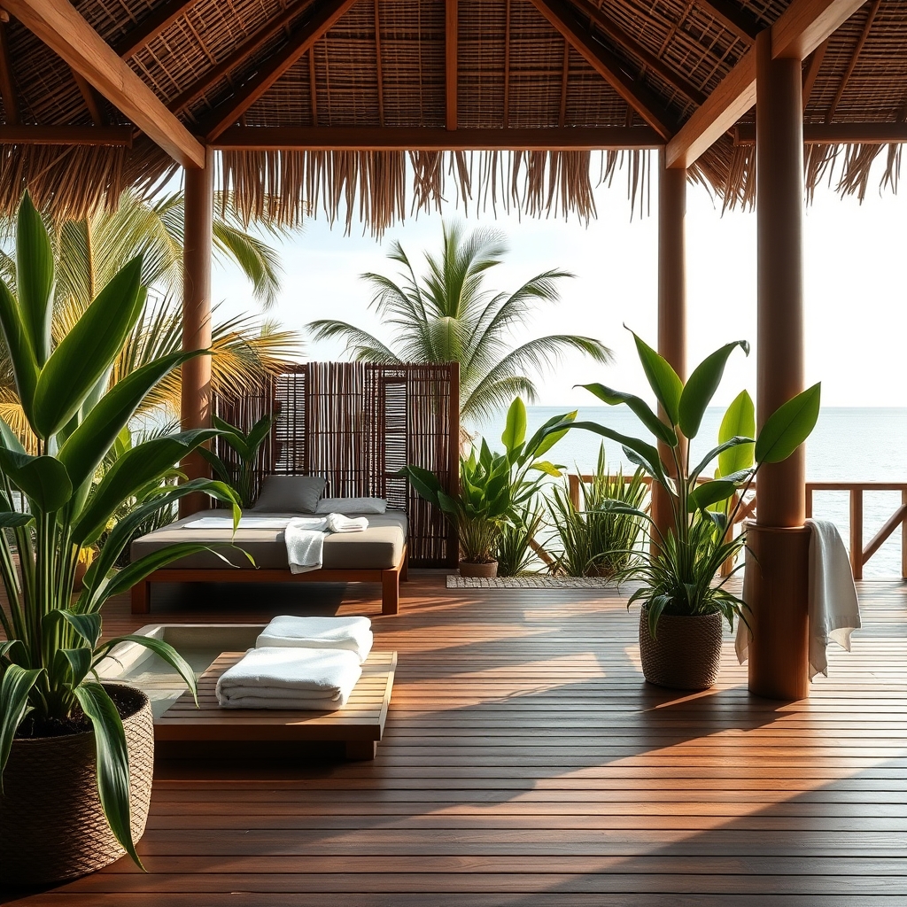 Zona de spa tropical con tarima de madera, plantas y luz natural suave